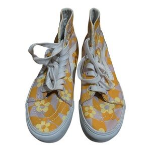 Vans Sk8-Hi Platform Floral Checkerboard Orange Purple Skate Shoes.